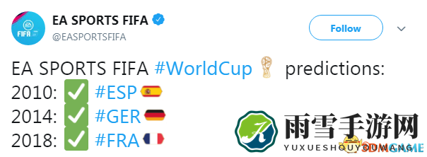 EA用《FIFA 18》预测法国夺冠 已连续三届预测成功