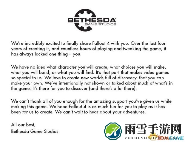 Bethesda深情回馈，致信玩家感激《辐射4》陪伴